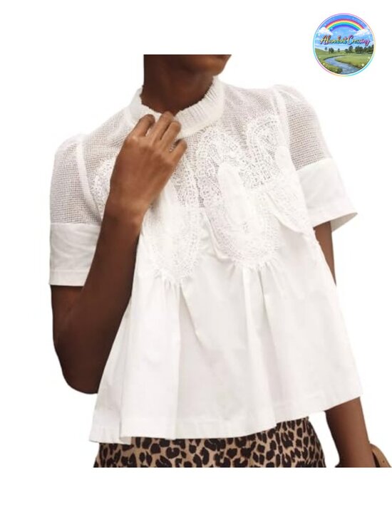 Tops - Women Lace Detail Flared Blouse Short Sleeve Crew Neck Poplin Mesh Swing Top